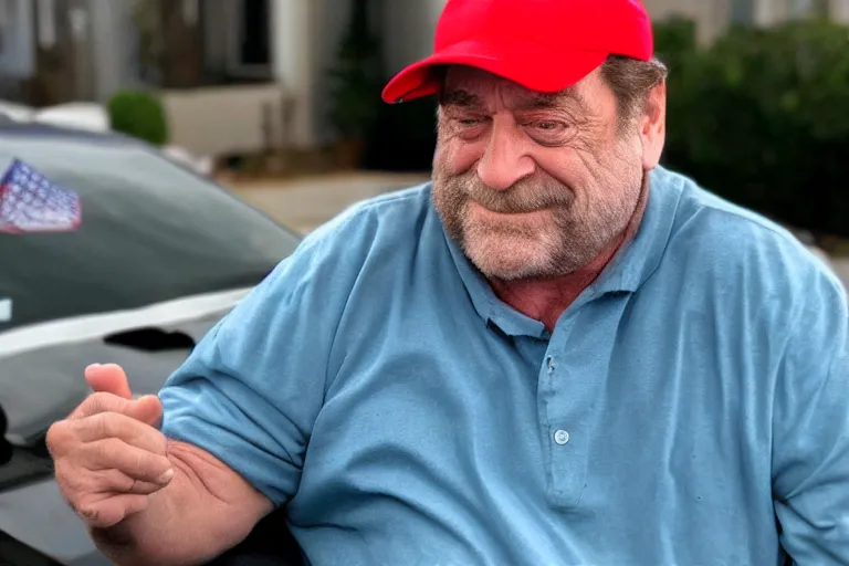 Prompt: john goodman on a zoom call wearing a maga hat