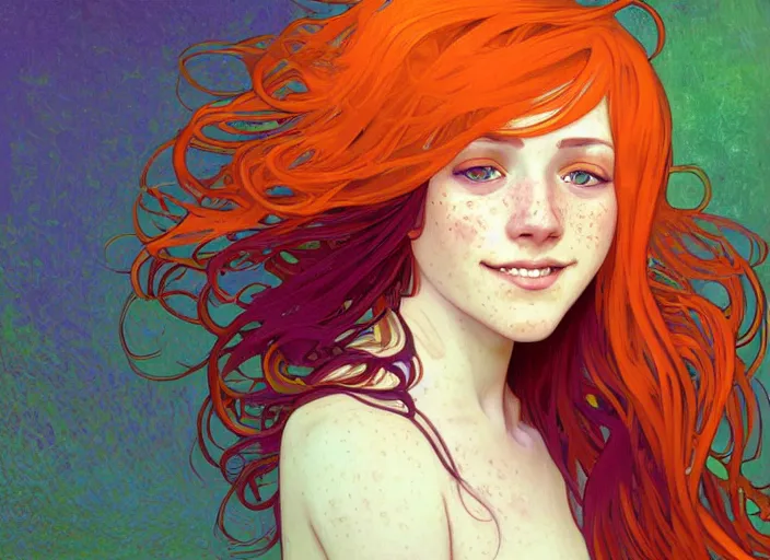 Prompt: portrait of a beautiful smiling girl with orange hair and freckles, green eyes, highly detailed, digital painting, concept art, smooth, sharp, focus, background is purple, trending on deviantart, alphonse mucha