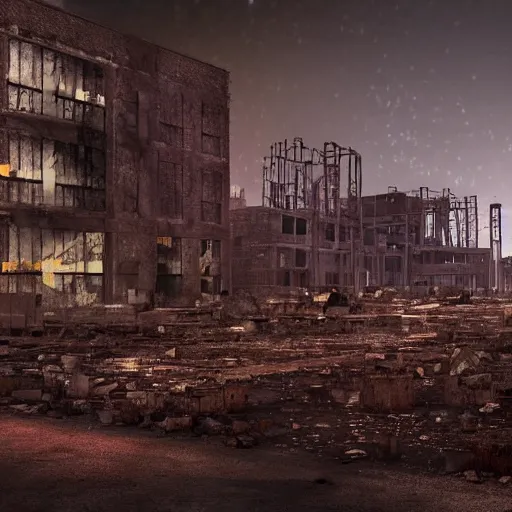 Prompt: ruins of a factory in the night enlightens by the full moon, there are zombies walking around, photorealistic