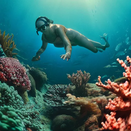 Image similar to an underwater photo of an alien swimming in a coral reef