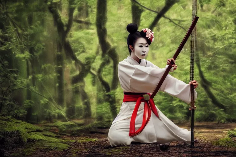 Image similar to beautiful photo of a young modern geisha samurai practising the sword in a forest, mid action swing, symmetrical face, beautiful eyes, huge oversized sword, award winning photo, muted pastels, action photography, 1 / 1 2 5 shutter speed, dramatic lighting, anime set style