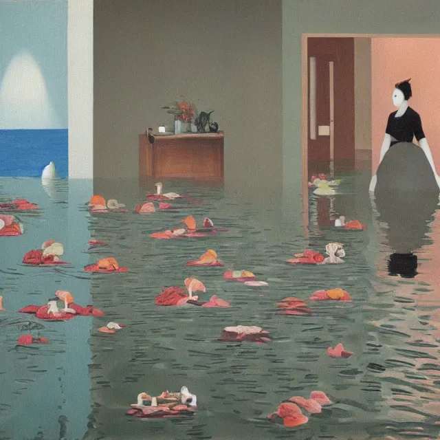 Image similar to painting of flood waters inside an apartment, taps with running water, tall female emo art student, a river flooding inside, tangelos, zen, pigs, ikebana, water, river, rapids, waterfall, black swans, canoe, pomegranate, berries dripping, acrylic on canvas, surrealist, by magritte and monet