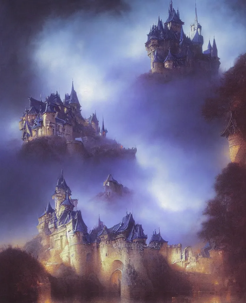 Image similar to beautiful matte airbrush painting of a european medieval castle made of light, ispired b yoshitaka amano and gilbert williams, clear painting and good lighting, dark blue and intense purple color palette, mystical fog, art by gilbert williams, andreas achenbach, clement ascher, tom bagshaw and sabbas apterus, high quality