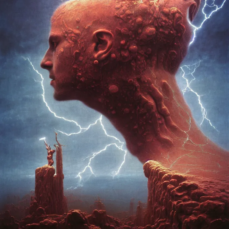 Image similar to asgardian god of thunder, covered with lightning by beksinski, psychedelic trippy visionary art, soft bloom lucid dream - like atmosphere, baroque painting, perfect composition, detailed octane render trending on artstation, 8 k artistic photography, volumetric cinematic perfect light, chiaroscuro, masterpiece, raphael, caravaggio, beksinski, rutkowski, beeple