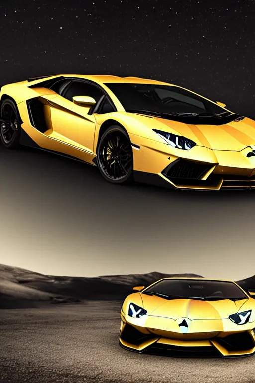 Image similar to Lamborghini Aventador S, photorealistic, high resolution, award winning, trending on artstation, moon, highly detailed, night, volumetric lighting