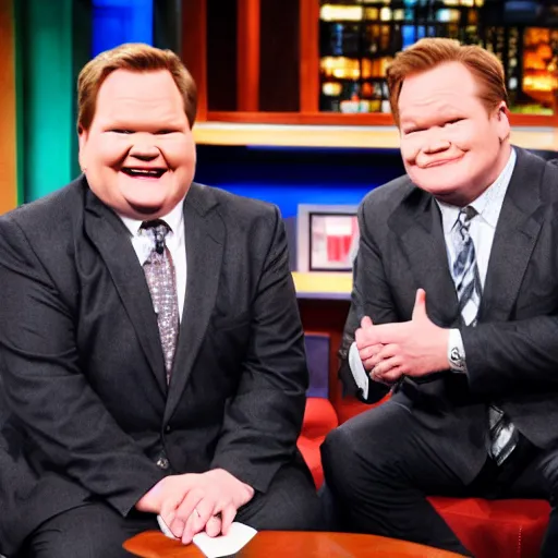 Prompt: andy richter is sitting on the set of the late show with conan o'brien