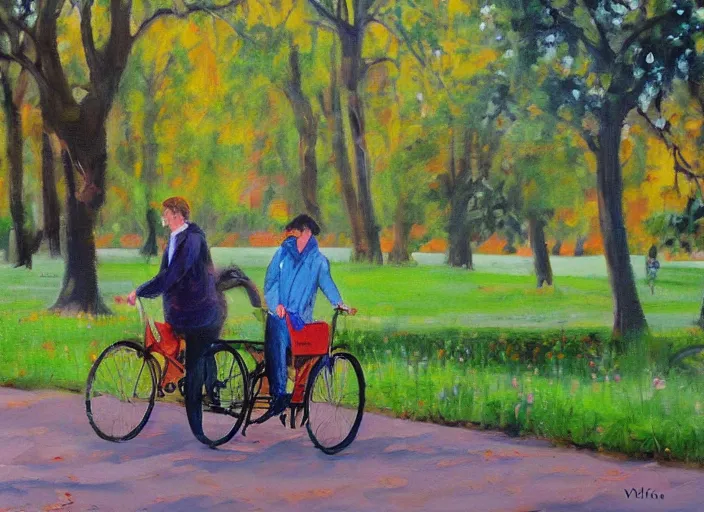 Image similar to a couple on bicycles in the park painting by Viktor Tsvetkov