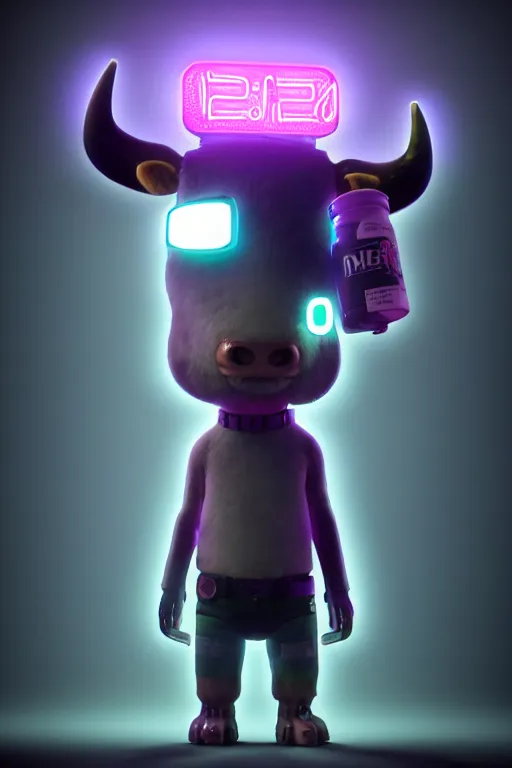 Image similar to high quality 3 d render cyberpunk very cute cyborg cow shaggy! hybrid! drinking beer, highly detailed, unreal engine cinematic smooth, in the style of blade runner & detective pikachu, hannah yata charlie immer, purple neon light, low angle, uhd 8 k, sharp focus