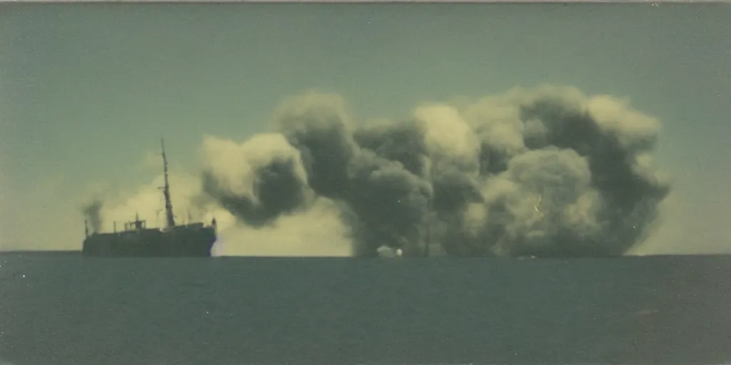 Image similar to polaroid photo of a sinking and burning ship, big smoke clouds coming from the ship, bright blue sky, slight color bleed