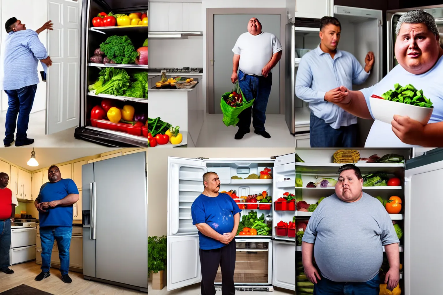 Prompt: obese landlord standing in front of an open refrigerator packed with fresh vegetables next to an emaciated man reading a contract, apartment painted offwhite, hidden camera