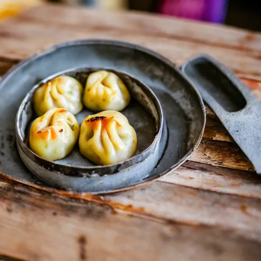 Prompt: a 5 0 mm macro shot of hot dumplings with dill, gooey, depth of field, high resolution