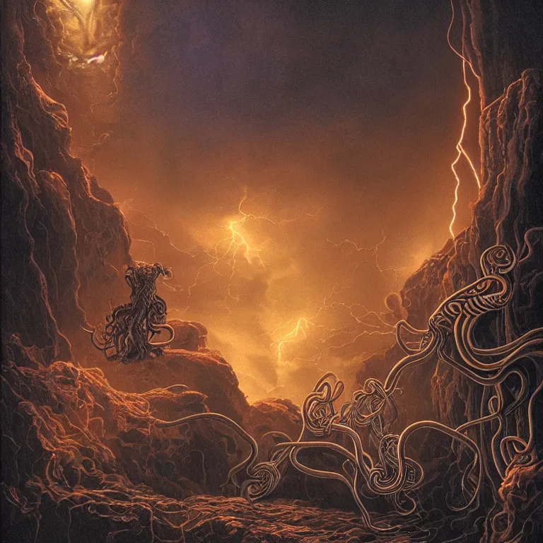 Image similar to An amorphic being with tentacles of liquid reflective copper and neon emerges from the dark surreal ether, mist amidst lightning, high contrast lighting, backlit, blacklight by Michael Whelan and Ed Binkley