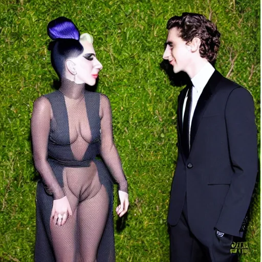 Image similar to timothee chalamet and lady gaga meet eachother, highly beautiful faces, highly detailed