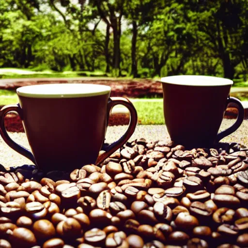 Prompt: 4 round, old, ceramic coffee cups strolling through an idyllic park while drinking coffee