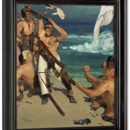Image similar to stout cortez with eagle eyes stared at the pacific and all his men looked at each other with a wild surmise silent, upon a peak in darien, by jean deville, by dean cornwell,