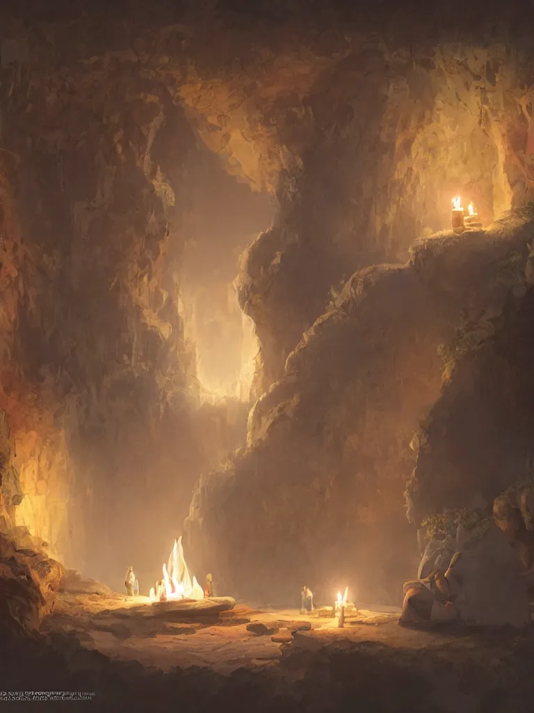 Prompt: sitting in a cave with candlelight by disney concept artists, blunt borders, rule of thirds, golden ratio, godly light