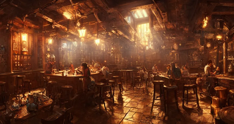 Image similar to alchemy tavern, hyperdetailed, artstation, cgsociety, golden hour 8 k, volumetric lighting, could tones