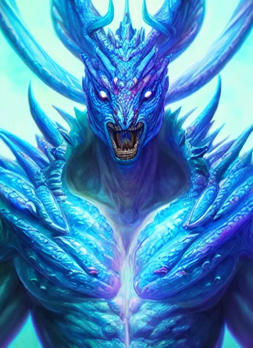 Image similar to muscular and tall blue ghostly fire humanoid dragon!!!! draconian!! intricate ornate iridescent exoesqueleton!! character concept art, sharp focus, octane render! unreal engine 5! highly rendered!! trending on artstation!! detailed linework!! illustration by artgerm, wlop, and chie yoshii