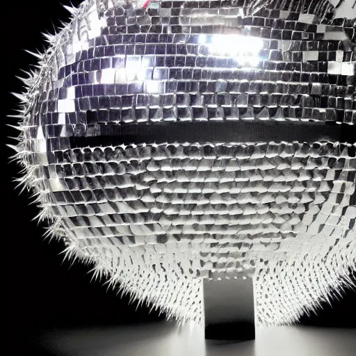 Prompt: a disco ball shaped like a spiky skull, photograph