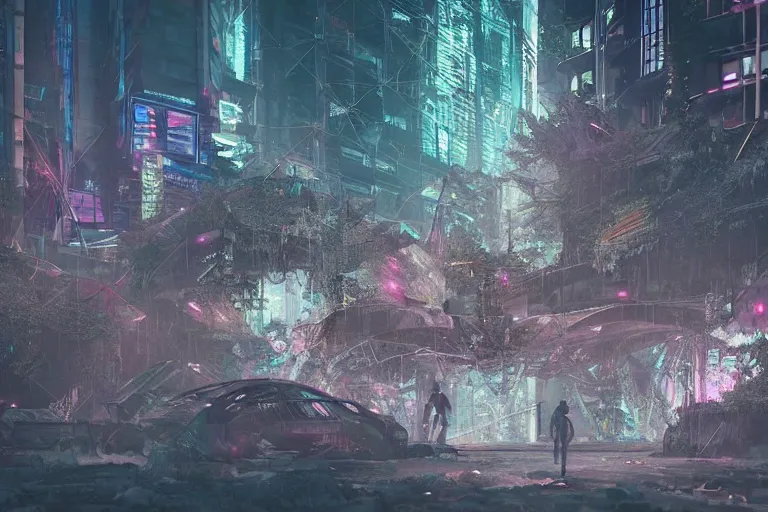 Image similar to a triangular portal structure made from crystals in the centre of an abandoned overgrown cyberpunk city, epic mysterious surrealism, digital matte painting in the style of liam wong