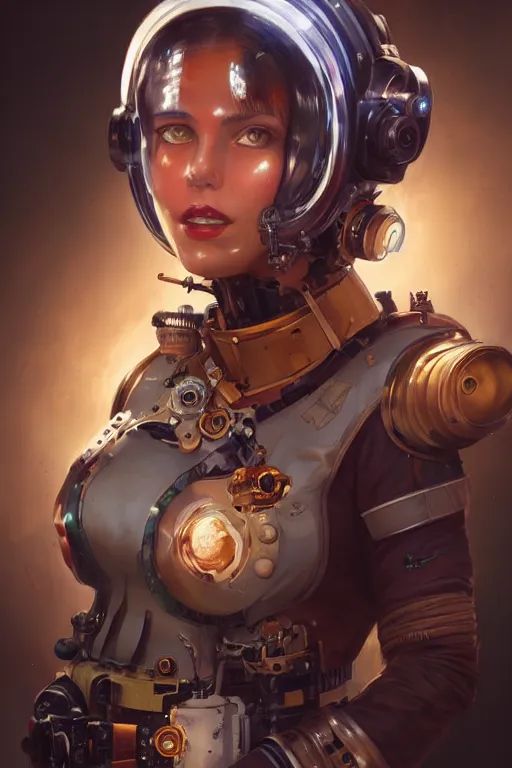 Prompt: portrait of a steampunk cosmonaut girl with mechanical parts and neon light by Artgerm and Greg Rutkowski , digital painting, highly detailed, trending on artstation