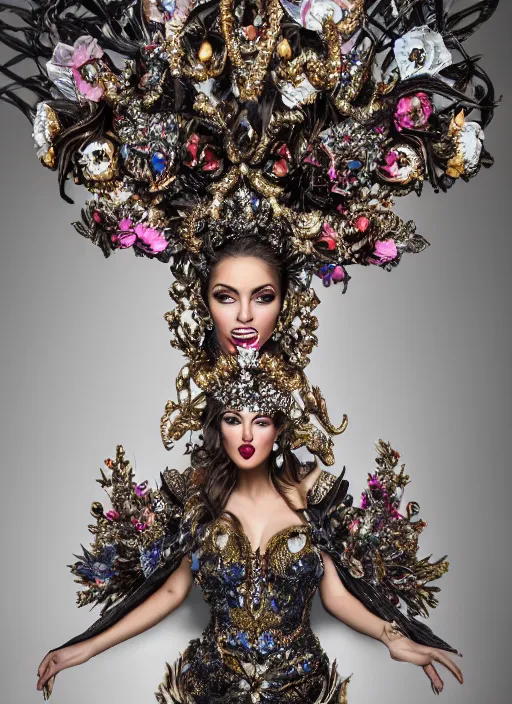 Image similar to expressive full body photo of a miss universe in creative costume, ornate headpiece made from flowers, ornaments, glamour shot by stefan gesell, photorealistic, canon r 3, fashion photography, hyper maximalist, sharp focus, ornate, elegant, luxury and elite, environmental portrait, symmetrical features, octane render, unreal engine, solid dark grey background, dramatic lights