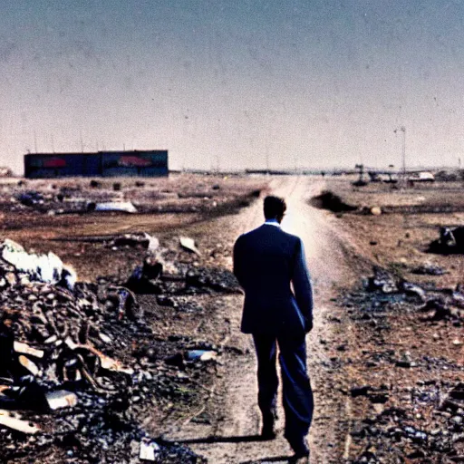 Image similar to a color photo taken from a distance of joe biden walking in a wasteland