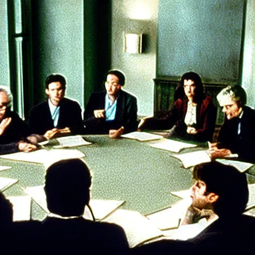 Prompt: Film still, a group of famous mathematicians discussing a puzzle in a fancy university hallroom, over the shoulder shot, detailed, colorful cinematography from 'A Beautiful Mind (2001)'