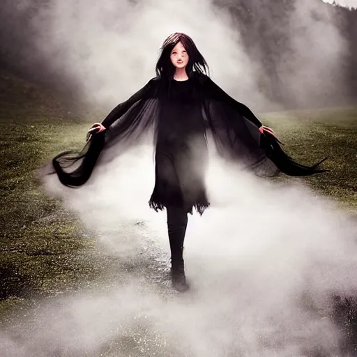 Prompt: a beautiful young slim female witch with bionic parts, cast a spell sourrounded by mist, her hair moves with the wind, she has beautiful facial features, photographed by andrew thomas huang for a high budget fantasy movie