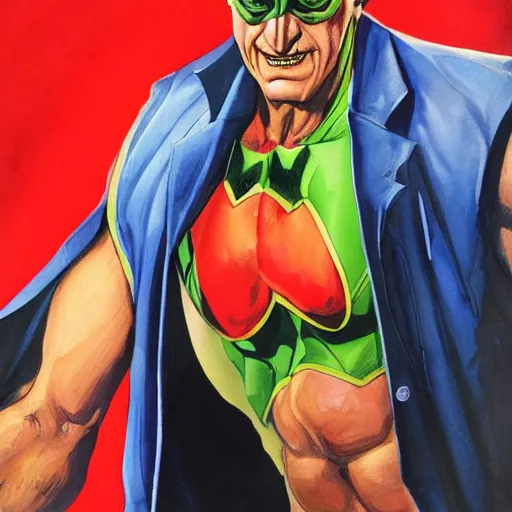 Image similar to hyperrealistic mr trash man comic book cover by alex ross with gouache and wash paints color