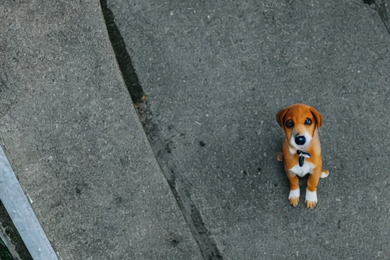 Image similar to a overhead view of a puppy standing on a ledge