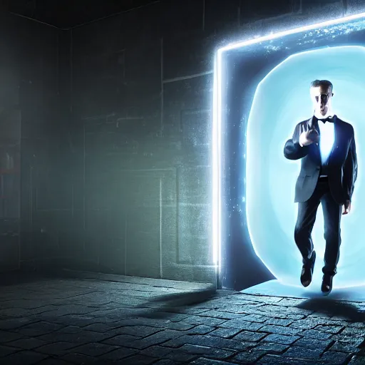 Prompt: a secret agent in the process of stepping between two realities through a portal, one dark and one light, dramatic lighting, electric effects, photoreal render, unreal engine, 4k