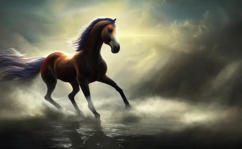 Image similar to a masterpiece oil painting of a proud horse galloping. wide angle, fantasy art, heroic lighting, very very very beautiful raytraced rendering, fog, finger of god