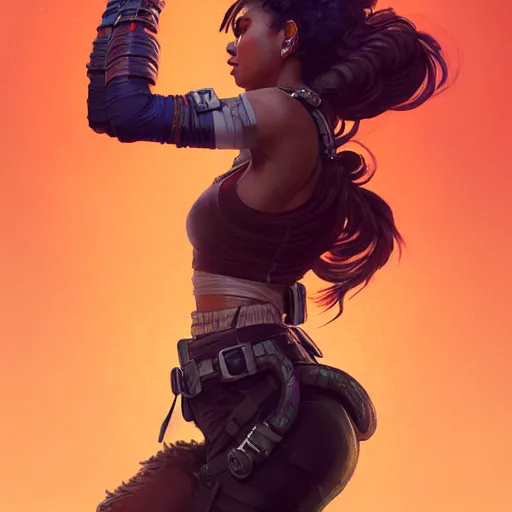 Image similar to full body portrait of loba from apex legends, mischievous expression, sultry smirk, bangs and wavy hair, intricate, elegant, glowing lights, highly detailed, digital painting, artstation, concept art, smooth, sharp focus, illustration, art by wlop, mars ravelo and greg rutkowski