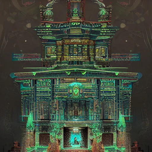 Prompt: strange temple, extreme long shot, the building is covert with glyphs and on the top of the temple big gold design intricated, hyper detailed, trending on artstation, green tones, glow