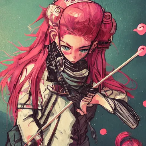 Image similar to close up, posing pointing with an arrow bow and screaming with fury, a grungy cyberpunk anime, very cute, by super ss, curly pink hair, night sky by wlop, james jean, victo ngai, highly detailed