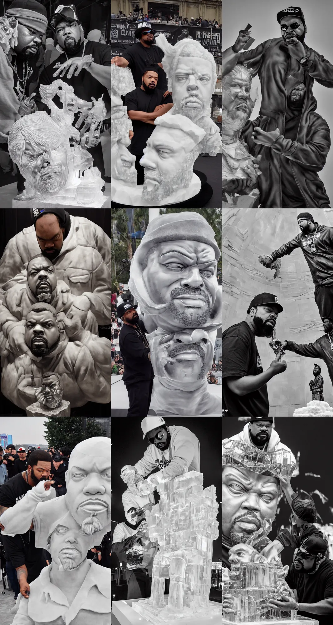 Prompt: dramatic photo, the rapper'ice cube'carving a sculpture of rapper'ice cube'at harbin i've festival, wide angle photo, award winning, artgerm, wlop, james gurney, trending on artstation