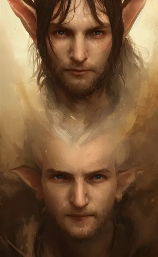 Image similar to Portrait of a middle aged elf wearing a wizards robes, male, detailed face, fantasy, highly detailed, cinematic lighting, digital art painting by greg rutkowski