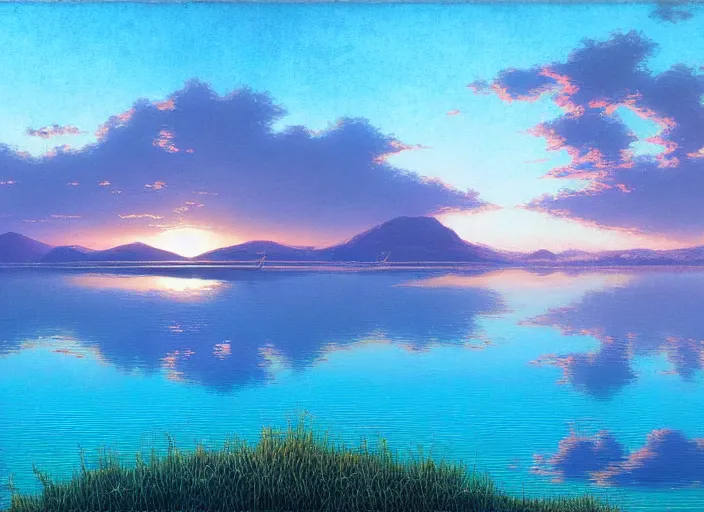 Image similar to blue - turquoise mirage on a sunny lake surface, hyperrealism, no blur, 4 k resolution, ultra detailed, style of anato finnstark, edward robert hughes, james gurney, syd mead