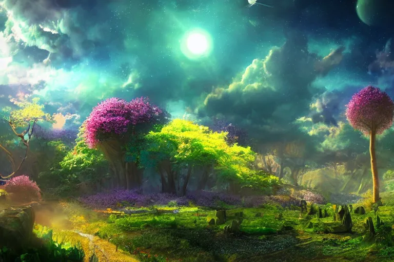 Prompt: Landscape of a beautiful enchanted fantasy world. Colorful. Planet in the sky. Cinematic lighting. Photorealism.