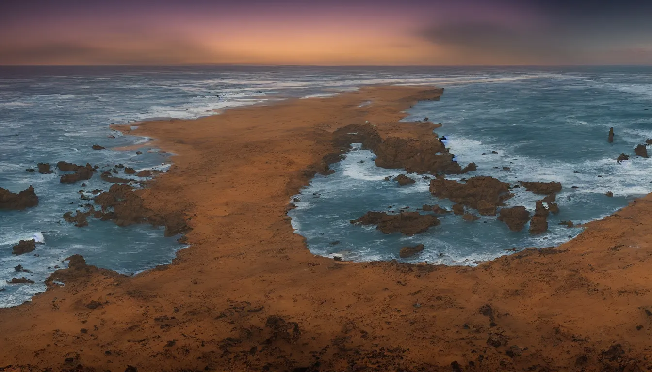 Image similar to coast of Lima, Peru at dusk with a Milky Way sky photographed in 4K, photorealistic