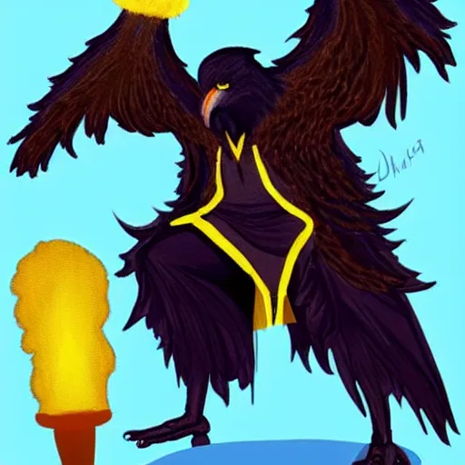 Prompt: An anthropomorphic raven wearing frayed yellow robes while worshipping a black hole. Character art. D&D.