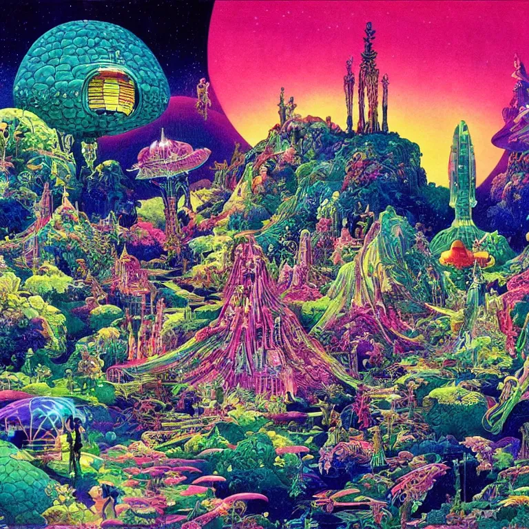 Image similar to mysterious ufo hovering over magical crystal temple, bright neon colors, highly detailed, cinematic, hiroo isono, eyvind earle, philippe druillet, roger dean, lisa frank, aubrey beardsley, ernst haeckel