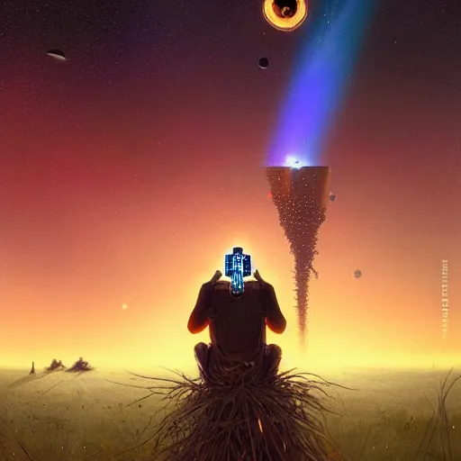 Image similar to a cyberpunk mursi elder sitting in a field watching a meteor shower with his droid in the foreground by greg rutkowski and android jones in a cyberpunk style, oil on canvas, 8k, afrofuturism