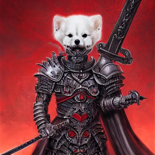 Image similar to berserk skull knight armor and sword, anthropomorphic shiba inu, red black aura, fantasy, dark, portrait art by donato giancola and greg rutkowski, realistic face, digital art, trending on artstation, symmetry