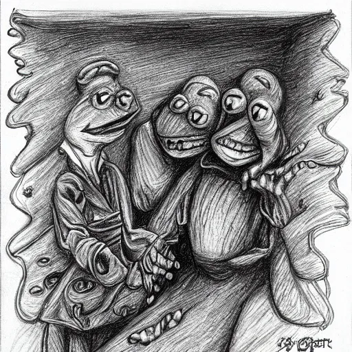 Image similar to Kermit the Frog in the deepest part of Hell, in the style of the Divine Comedy by Dante Alighieri, pencil sketch