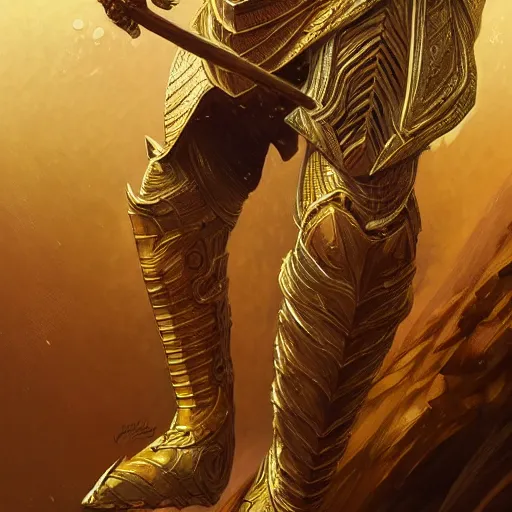 Image similar to Lionel Messi wearing a beautiful golden armor, D&D, fantasy, intricate, elegant, highly detailed, digital painting, artstation, concept art, matte, sharp focus, illustration, art by Artgerm and Greg Rutkowski and Alphonse Mucha