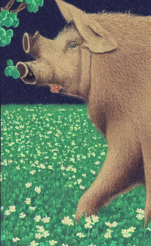 Prompt: by akio watanabe, manga art, portrait of a boar in a field of clovers, trading card front