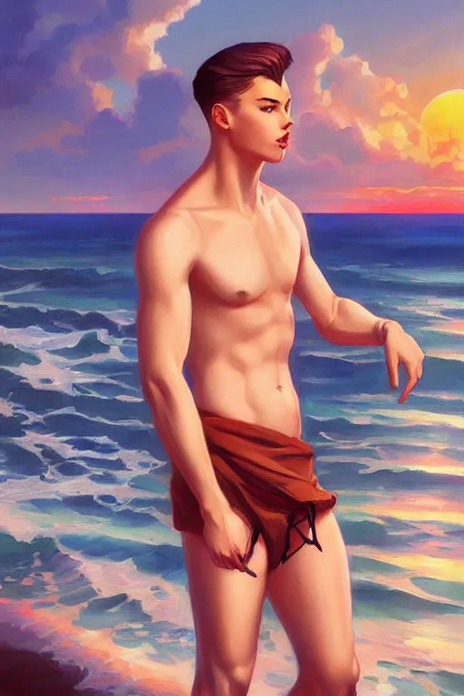 Prompt: attractive man at the sea, sunset, painting by ross tran, j. c. leyendecker, tom of finland, trending on artstation