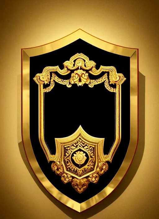 Image similar to black background, a beautiful symmetrical wooden shield decorated with gold, ivory and dark red, front facing view, mirrored, ornamental art, octane render, royal shield